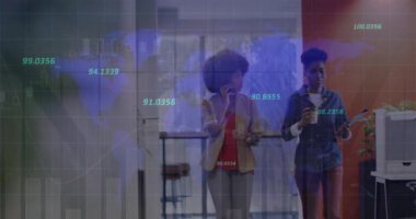 Animation of numbers and data processing over diverse business people in office. Global business, finances, computing and data processing concept digitally generated video.