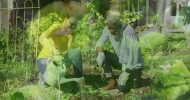 Animation of leaves and water over african american couple working in garden. Gardening, lifestyle and nature concept digitally generated video.