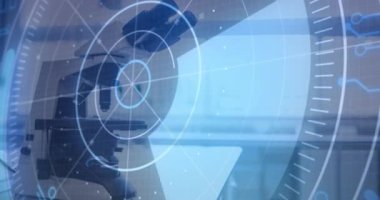 Animation of microscope, scope and data processing. Global science, digital interface, computing and data processing concept digitally generated video.