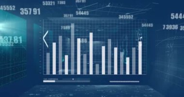 Animation of financial data processing and symbols on blue background. Global business, finances and digital interface concept digitally generated video.