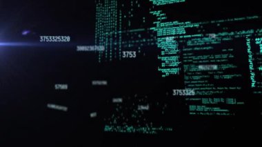 Animation of numbers and data processing over dark background. Global business, finances, computing and data processing concept digitally generated video.