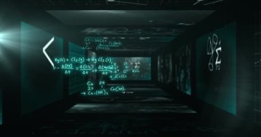 Animation of mathematical formulae and scientific data processing over black background. Global science, computing and data processing concept digitally generated video.