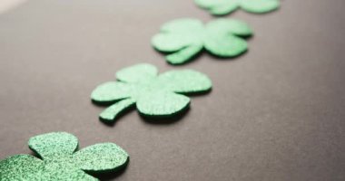 Video of saint patricks day green shamrock leaves on black background. Saint patricks day, irish tradition and celebration concept.