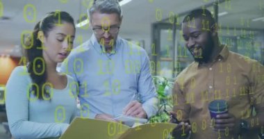 Animation of binary coding and data processing over diverse business people in office. Global business, finances, computing and data processing concept digitally generated video.