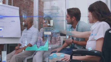 Animation of financial data processing over diverse business people. Global business, finances, disability, computing and data processing concept digitally generated video.