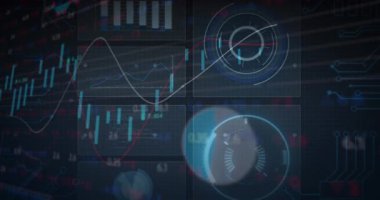 Animation of financial data processing over statistics. Global business, finances, digital interface, computing and data processing concept digitally generated video.