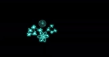 Animation of molecules and scientific data processing over black background. Global science, computing and data processing concept digitally generated video.