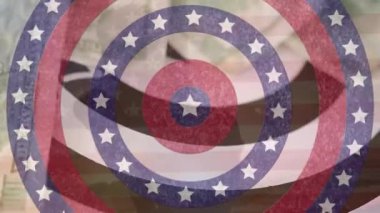 Animation of stars on spinning circles against spinning dollar bills. Global economy and business technology concept