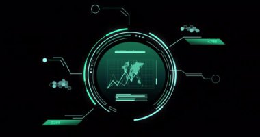 Animation of scopes and scientific data processing over black background. Global science, computing and data processing concept digitally generated video.