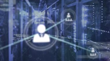 Animation of network of connections with icons and data processing over computer servers. Global connections, computing and data processing concept digitally generated video.