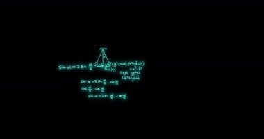 Animation of mathematical formulae and scientific data processing over black background. Global science, computing and data processing concept digitally generated video.