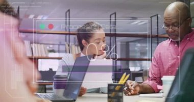 Animation of financial data processing over diverse business people working in office. Global business, finances, computing and data processing concept digitally generated video.