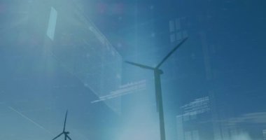 Animation of financial data processing over wind turbines. Global environment, sustainability, wind energy, computing and data processing concept digitally generated video.