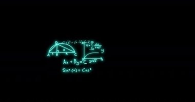 Animation of mathematical formulae and scientific data processing over black background. Global science, computing and data processing concept digitally generated video.