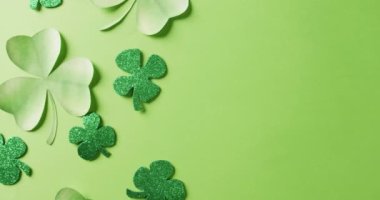 Video of saint patricks day green shamrock leaves with copy space on green background. Saint patricks day, irish tradition and celebration concept.