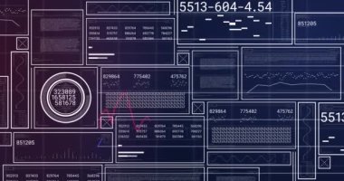 Animation of increasing numbers, loading bars and abstract patterns over graphs with numbers. Digitally generated, hologram, report, business, growth, progress and technology concept.