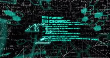 Animation of mathematical formulae and scientific data processing over black background. Global science, computing and data processing concept digitally generated video.