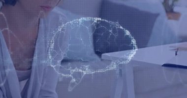 Animation of digital brain over caucasian woman consulting psychologist. Mental health, therapy and healthcare concept digitally generated video.