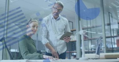 Animation of data processing over diverse business people working in office. Global business, finances, computing and data processing concept digitally generated video.