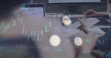 Animation of financial data processing over biracial businessman. Global business, finances, computing and data processing concept digitally generated video.