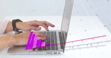 Animation of financial chart over caucasian woman using laptop. Global connections, technology and digital interface concept digitally generated video.