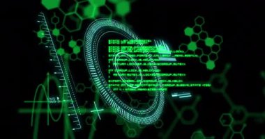 Animation of data processing over scopes scanning. Global computing, digital interface and data processing concept digitally generated video.