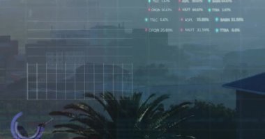 Animation of trading board and graphs over aerial view of trees and buildings. Digital composite, multiple exposure, report, business, architecture, stock market and technology concept.