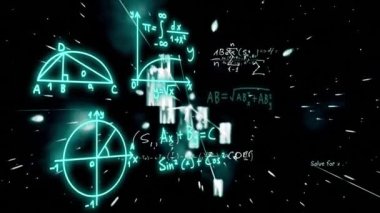 Animation of mathematical formulae and scientific data processing over black background. Global science, computing and data processing concept digitally generated video.