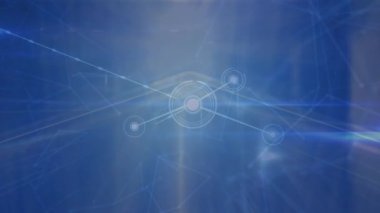 Animation of network of connections and light trails on blue background. Global connections and digital interface concept digitally generated video.