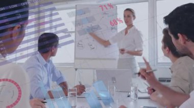 Animation of financial data processing over diverse business people. Global business, finances, computing and data processing concept digitally generated video.