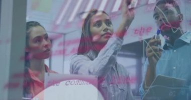 Animation of financial data processing over diverse business people in office. Global business, finances, computing and data processing concept digitally generated video.