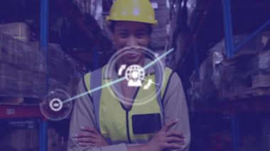 A young female warehouse worker smiling and looking directly at the camera. Global shipping delivery and connections concept digitally generated video.