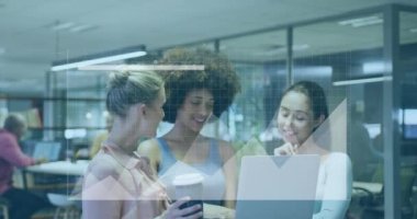 Animation of financial data processing over diverse business people working in office. Global business, finances, computing and data processing concept digitally generated video.