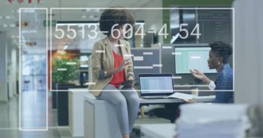 Animation of financial data processing over diverse business women in office. Global business, finances, computing and data processing concept digitally generated video.