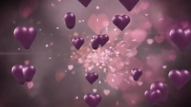 Animation of purple hearts over light spots on grey background. Valentine's day, love and celebration concept digitally generated video.