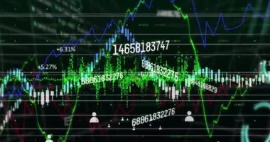 Animation of financial data processing with icons on black background. Global business, finances and digital interface concept digitally generated video.