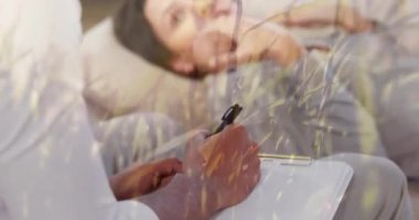 Animation of grass over caucasian woman consulting psychologist. Mental health, therapy and healthcare concept digitally generated video.