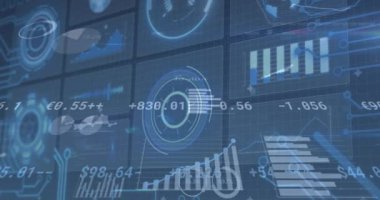 Animation of financial data processing over statistics. Global business, finances, digital interface, computing and data processing concept digitally generated video.