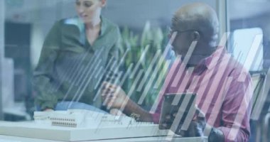 Animation of financial data processing over diverse business people in office. Global business, finances, computing and data processing concept digitally generated video.