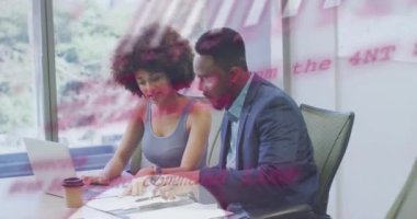 Animation of financial data processing over diverse business people in office. Global business, finances, computing and data processing concept digitally generated video.