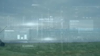 Animation of financial data processing over field. Global sustainability, business, finances, computing and data processing concept digitally generated video.