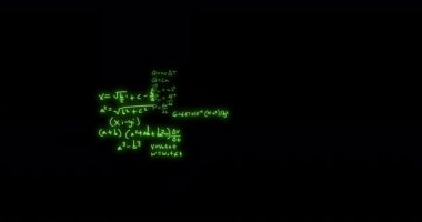 Animation of mathematical formulae and scientific data processing over black background. Global science, computing and data processing concept digitally generated video.