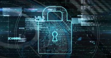 Animation of multiple texts, graph and circuit board pattern in padlock against abstract background. Digitally generated, hologram, protection, security, illuminated and technology concept.