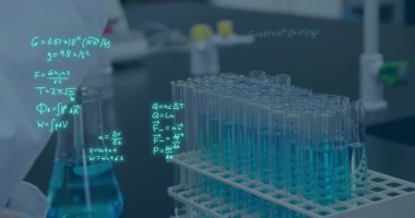 Animation of scientific data processing over test tubes in laboratory. Global science, computing and data processing concept digitally generated video.