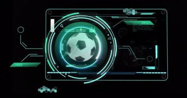 Animation of data processing over football. Global sports, science, computing, digital interface and data processing concept digitally generated video.