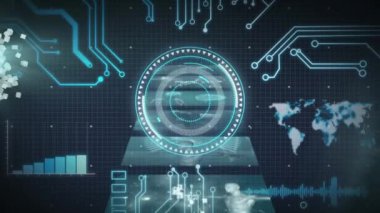 Animation of human head and scientific data processing over blue background. Global medicine, science, digital interface, computing and data processing concept digitally generated video.