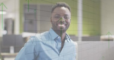 Animation of financial data processing over biracial businessman. Global business, finances, computing and data processing concept digitally generated video.