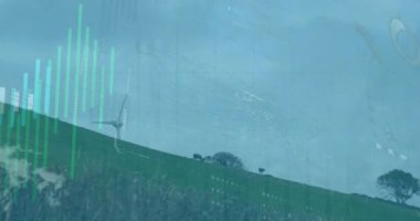 Animation of financial data processing over wind turbine. Global sustainability, wind energy, business, finances, computing and data processing concept digitally generated video.