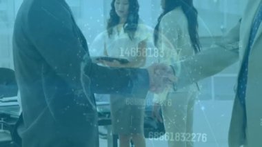 Animation of financial data processing over diverse business people. Global business, finances, computing and data processing concept digitally generated video.