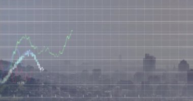 Animation of graphs with numbers over aerial view of forest and cityscape in background. Digital composite, multiple exposure, report, business, architecture, buildings and technology concept.